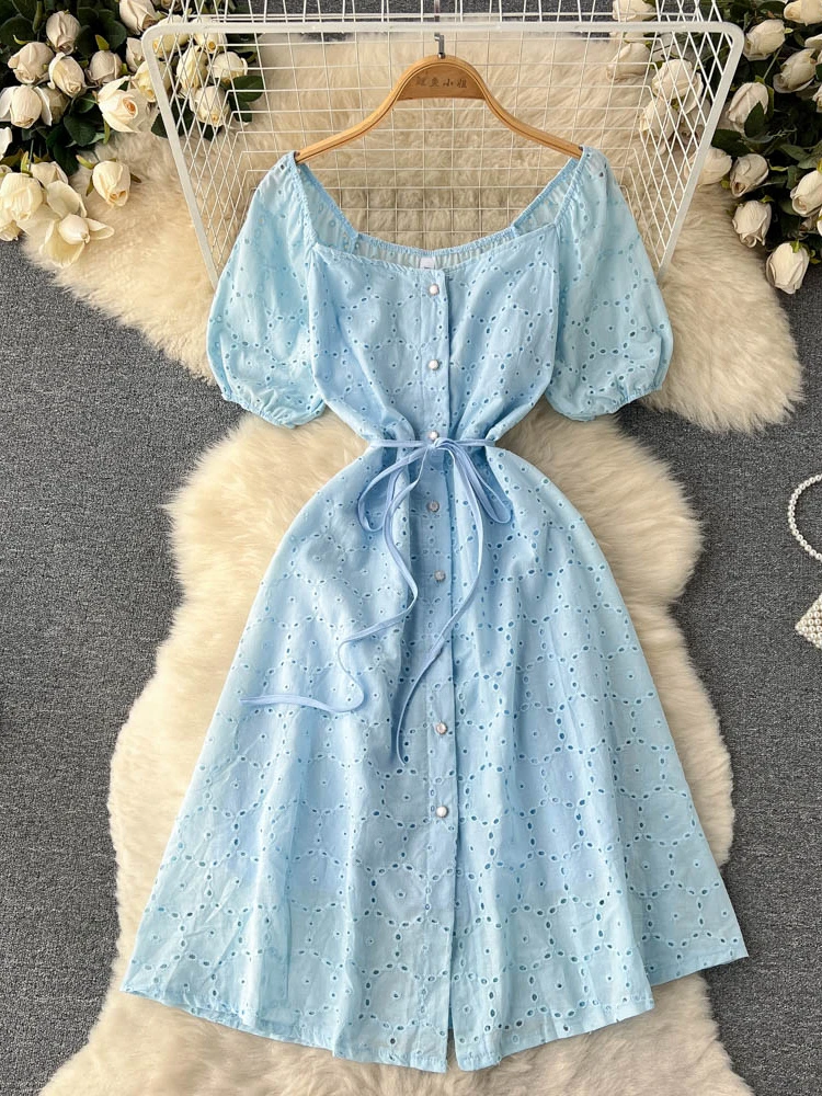 

Hikigawa Chic Fashion Solid Summer Sqyare Collar Short Sleeve Midi Dresses For Women Korean Slim Waist Vintage Vestidos Mujer