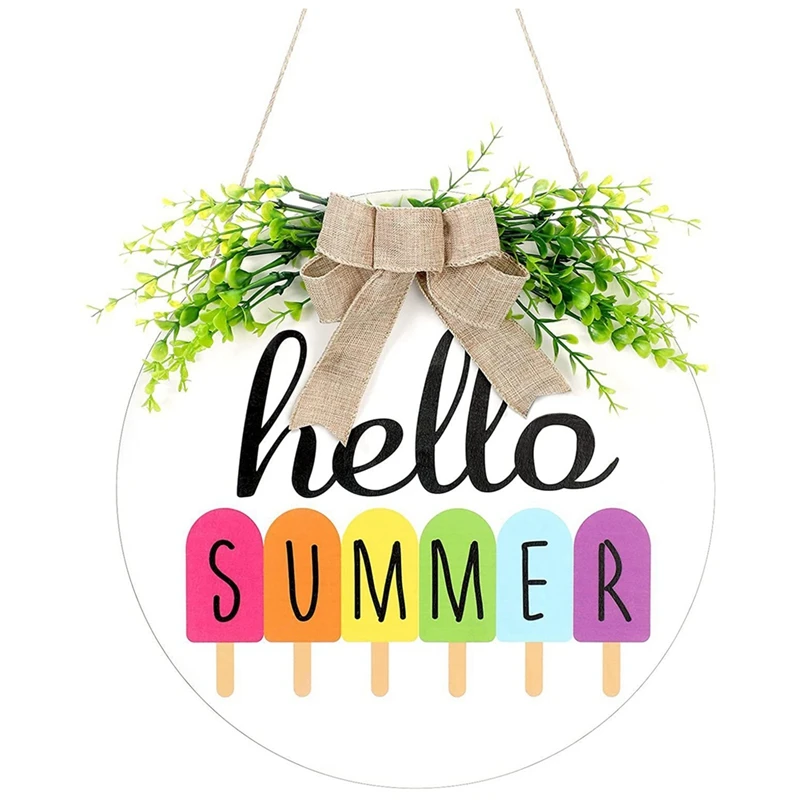 

Hello Summer Door Sign Rustic Ice Lolly Wooden Door Sign Hanging Round Porch Decor With Burlap Bow Wreaths, 11.8 Inch