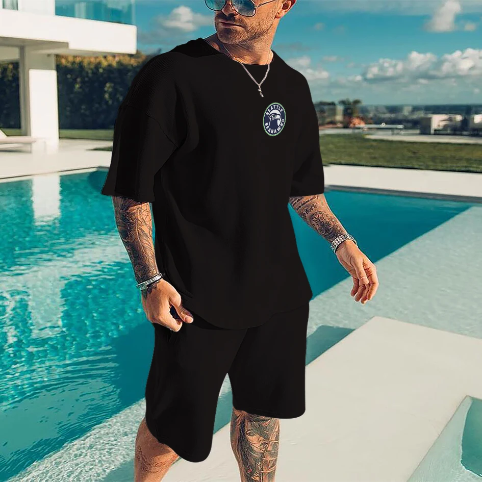 

2022 Summer Men's Fashion Solid Color Simple Men's Casual Wear Suit Oversized Suit Short Sleeve T-Shirt + Shorts 2 Piece Set