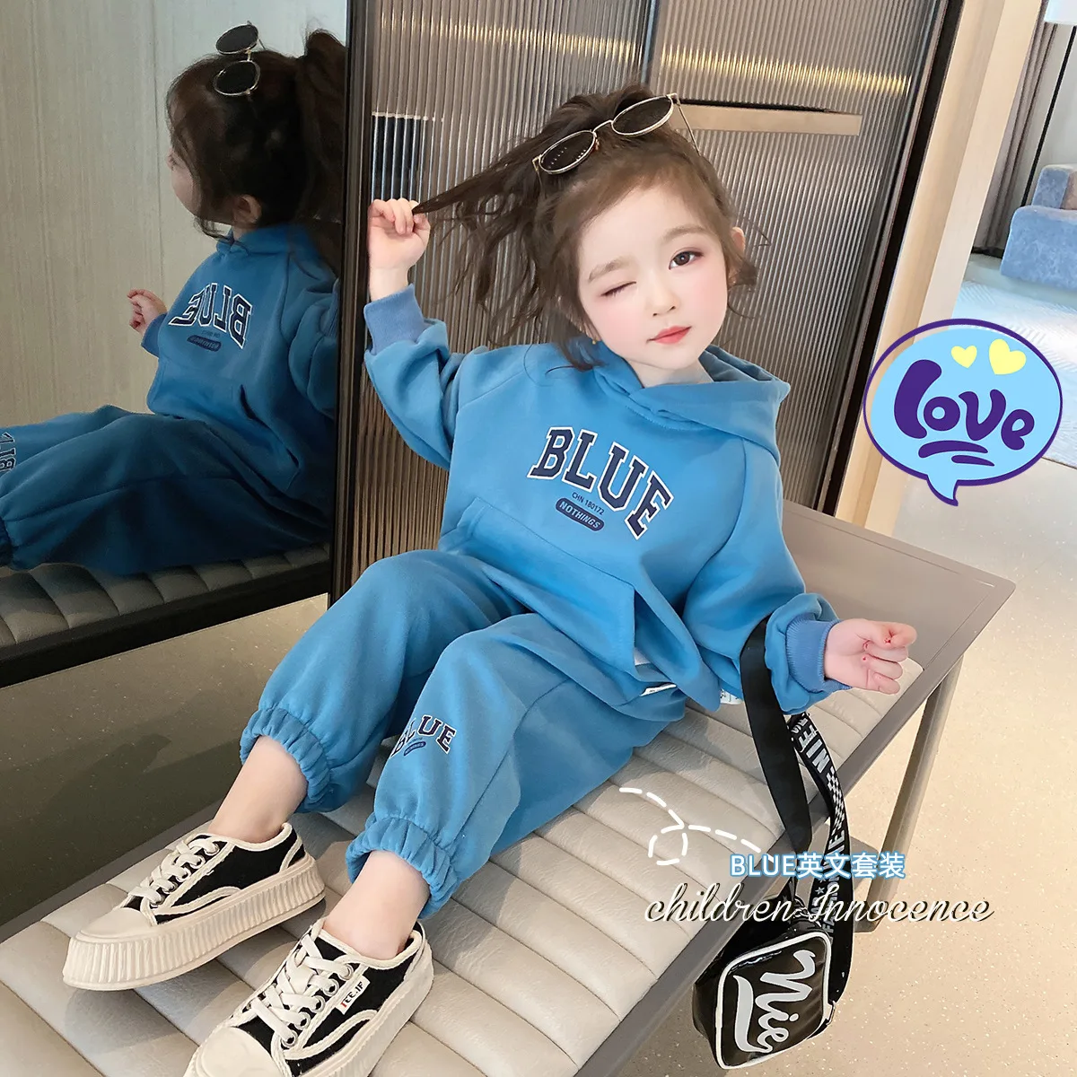 

2023 Larua Kors Korean Clothing Set Girls Long Sleeve Hoodies Letter Blue Gray Cute 2 Pcs Sets Girls Clothes 18M-6T