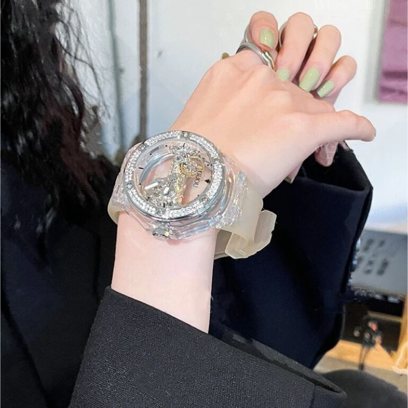 Temperament Fashion Women's Mechanical Watch Double-sided Hollow Characteristic Watch Silicone Strap High-class Women's Watch