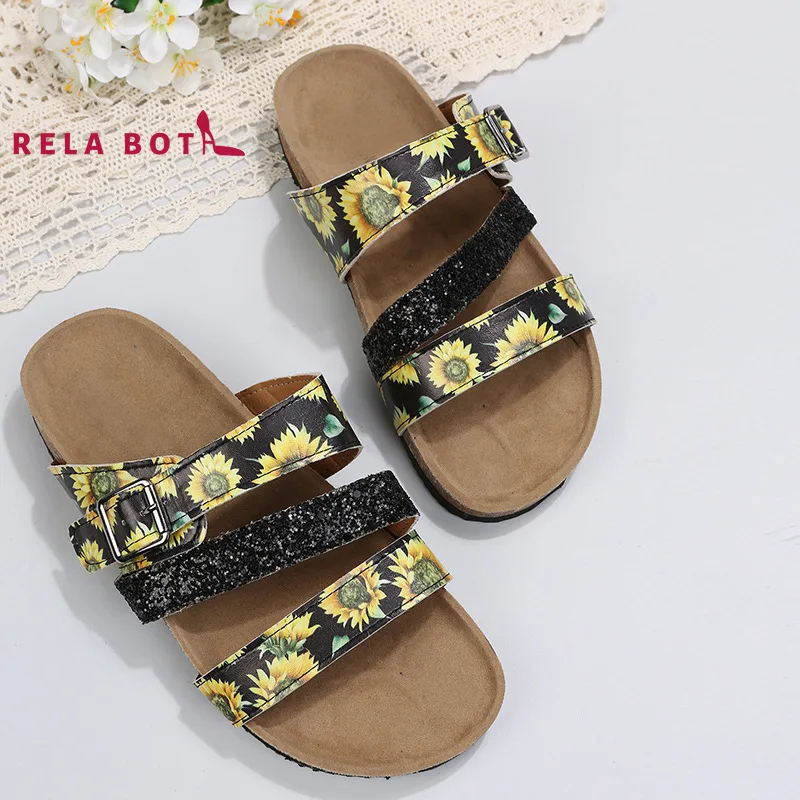 

New Metal Clasp Cork Bottom Color Sandals Women's Large Size Thick Bottom Belt Clasp Slippers Printed Sequins Leather Stitching