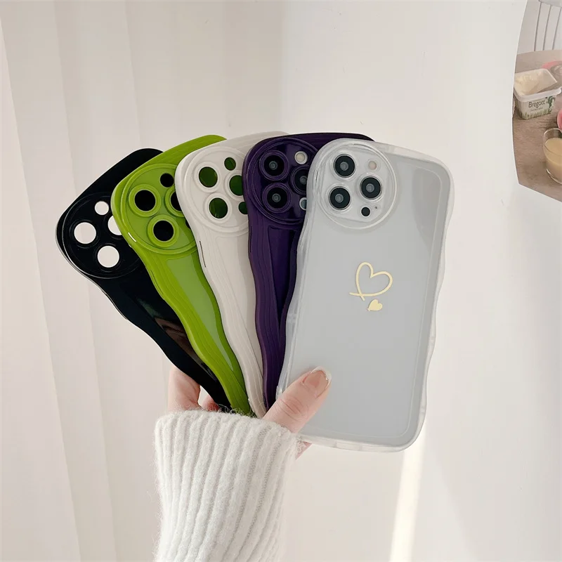 

Cute Wavy Edge Love Heart Phone Case For iPhone 14 12 11 13 Pro Max X XR XS Max 14 7 8 Plus Ful Lens Protection Soft TPU Cover