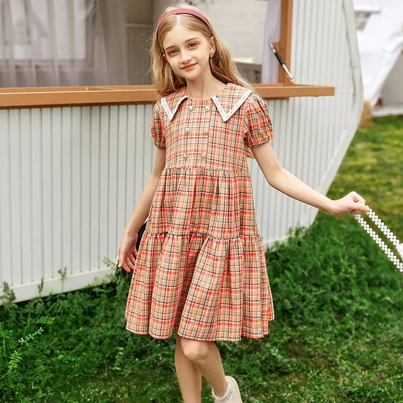 

Summer New Big Children Pure Cotton Plaid Lapel Retro College Style Short Sleeve Young Girls Dress Cute Middle School Clothes