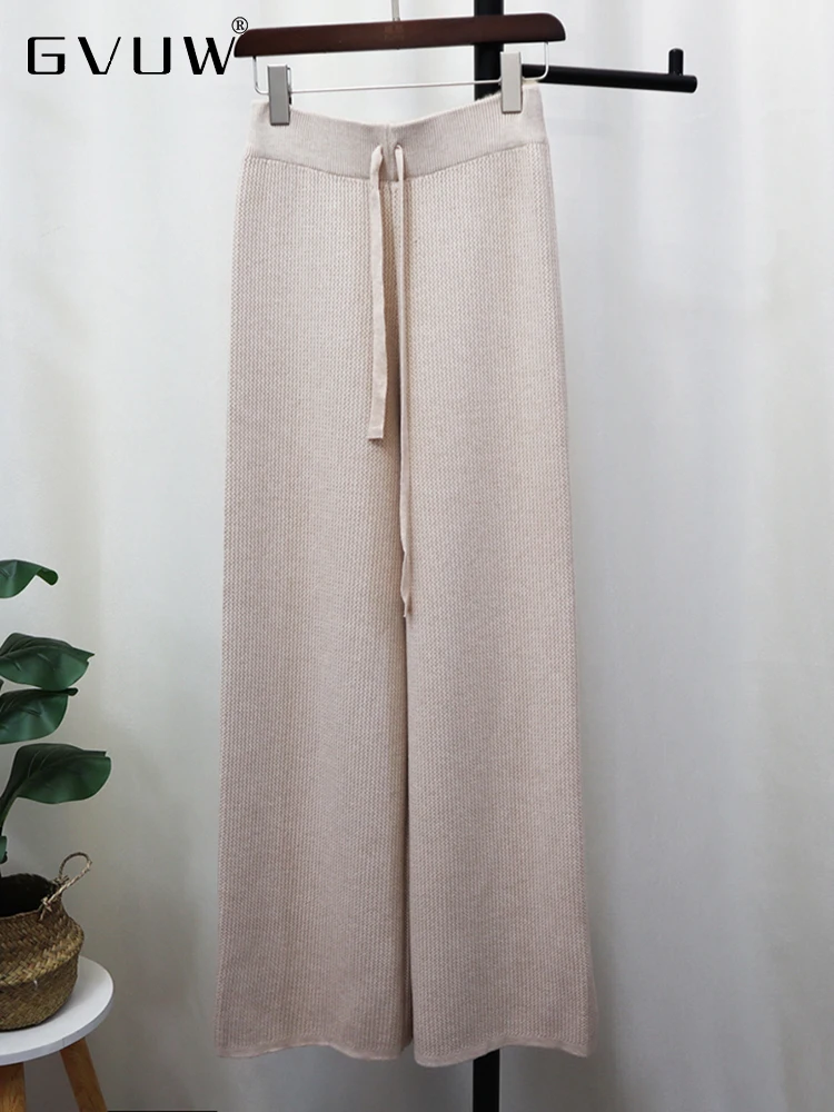 

GVUW Women Lace-up High Waisted Knitted Pants Loose Casual Woolen Wide Leg Straight Trousers For Women Fashion Elegant 17G2094