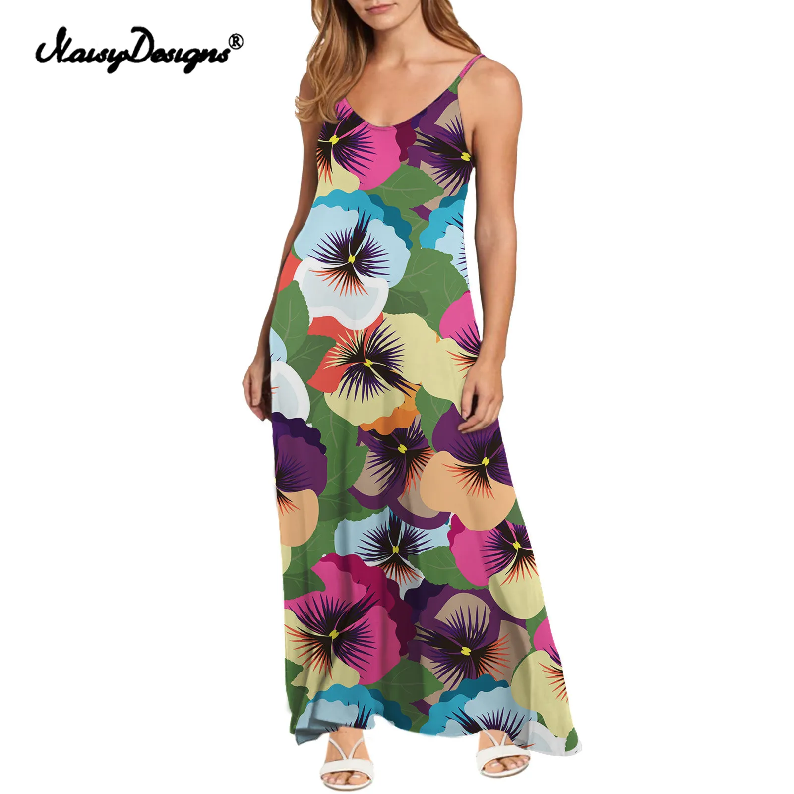 Noisydesigns Elegant Floral Print Pansy Flowers Women Dress Summer Spaghetti Strap Dress Loose 2022 Sexy Sleeveless Vestidos