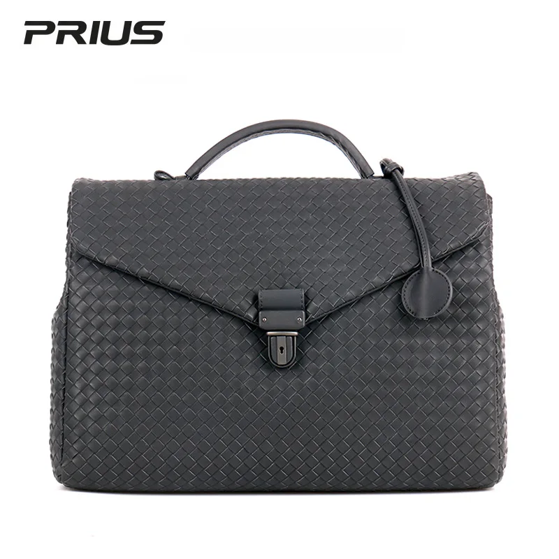Luxury brand classic business men's handbag 100% leather hand woven large capacity flip briefcase