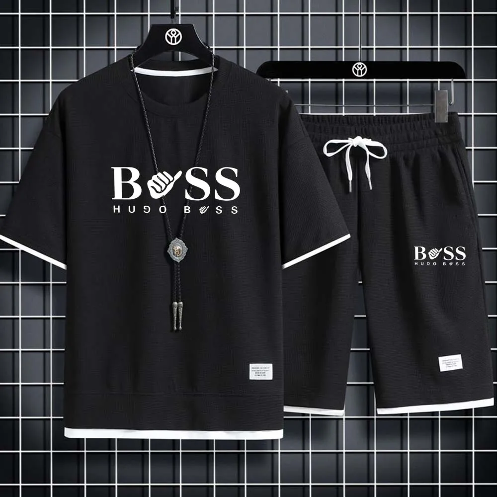 Summer Two Piece Waffle Casual T-shirt and Shorts Loose Fit Sports Set Fashion Short Sleeve Sports Set