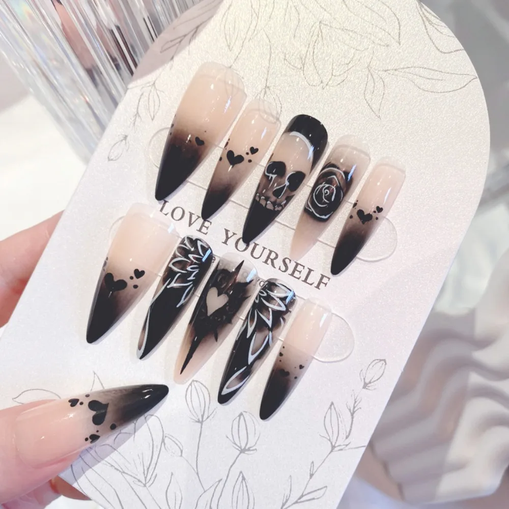 Накладные ногти в стиле фанк розы на Хэллоуин с черепом полное покрытие длинные