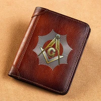 vintage high quality genuine leather wallet freemasonry theme printing standard short purse bk3609