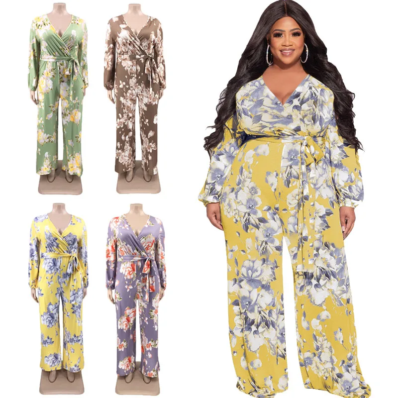 

Women Clothing 5XL Flower Print Fashion Loose Jumpsuits for Women Bandage Long Sleeve 2022 Autumn Clothes Wide Leg Casual Outfit