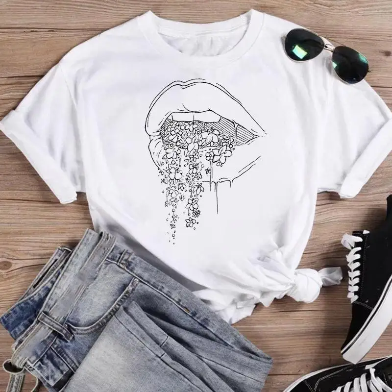 

Women Print T Shirt lip flower 90s spring Female Graphic Top Short Sleeve Fashion Summer Tshirts casual Cartoon Tee T-Shirt
