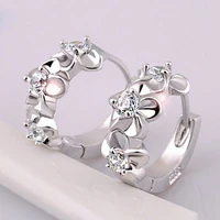 simple cute silver crystal diamond moissanite flower hoop huggie earrings for women girl engagement ear studs jewelry