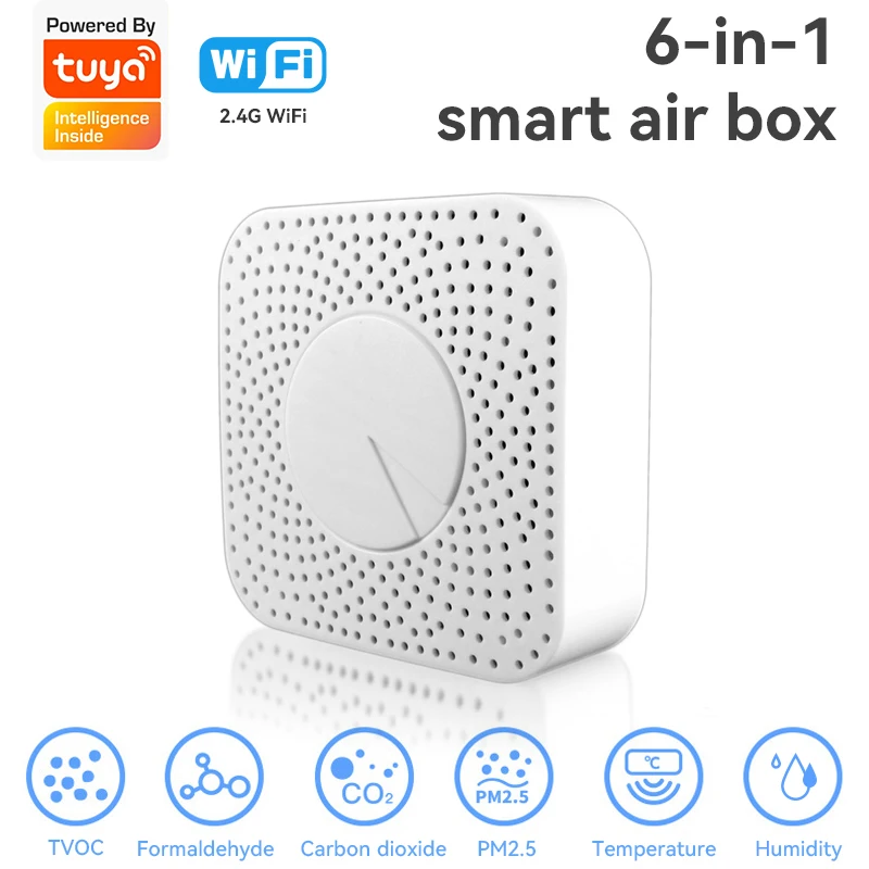 

Tuya Smart Home WiFi Smart Air Box Датчик утечки газа Охранная сигнализация CO2 VOC HCHO PM2.5 Монитор качества воздуха для Alexa