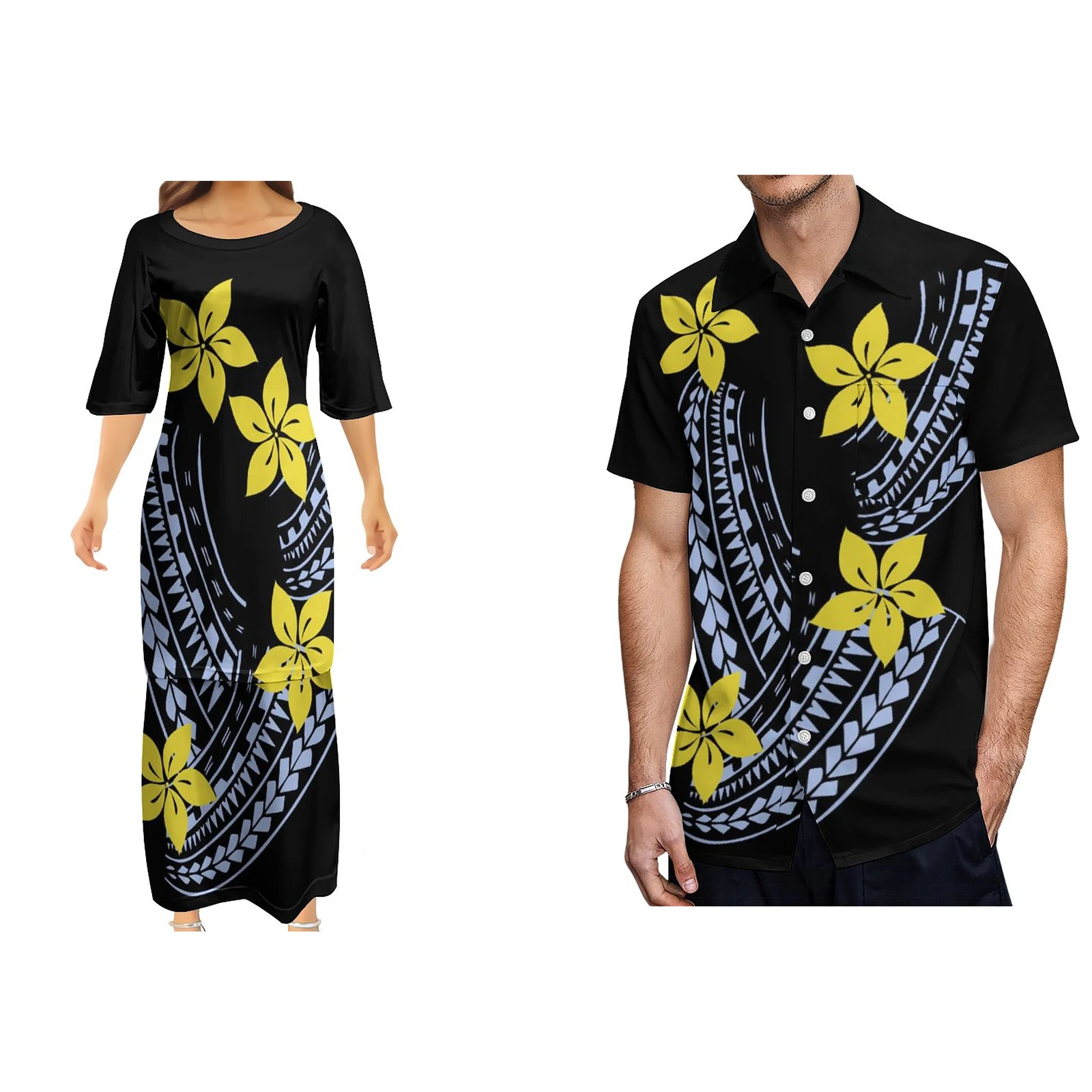 Wholesale Pacific Island High Quality 7XL Samoa Tribal Puletasi Dresses Customized On Demand Polynesian Ethnic Style Couple Suit images - 6