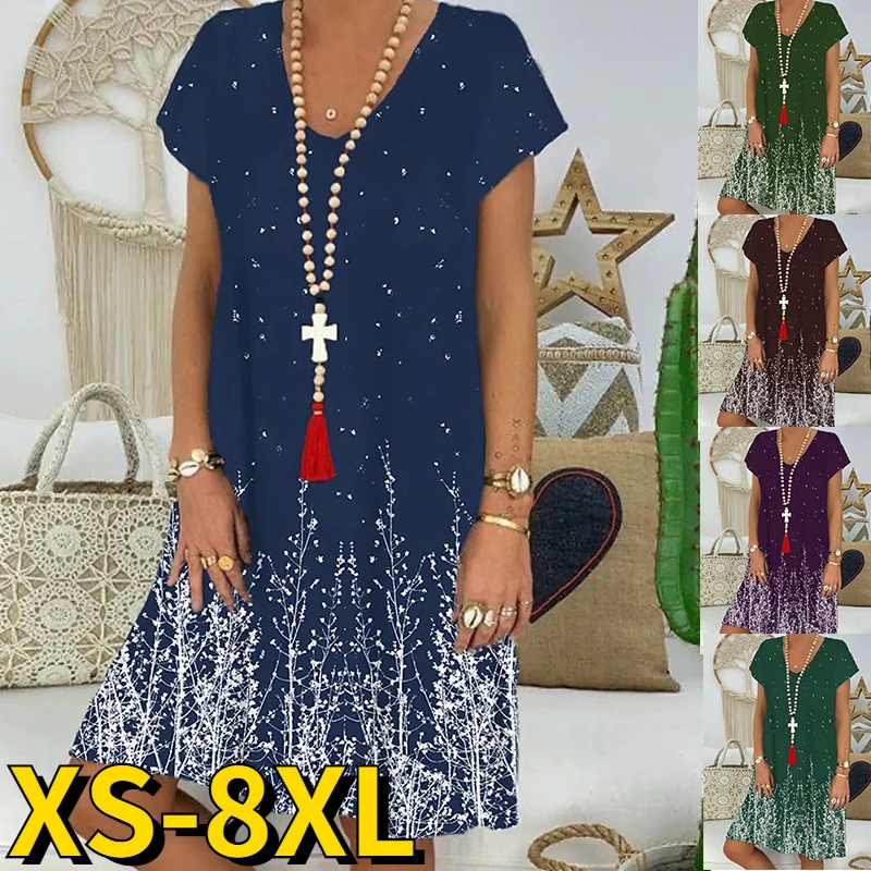 

2022 New Summer New Women's Dresses Short-sleeved V-neck Mid-length Skirt Ladies Loose Vintage Prints Dress Fashion Casual Skirt
