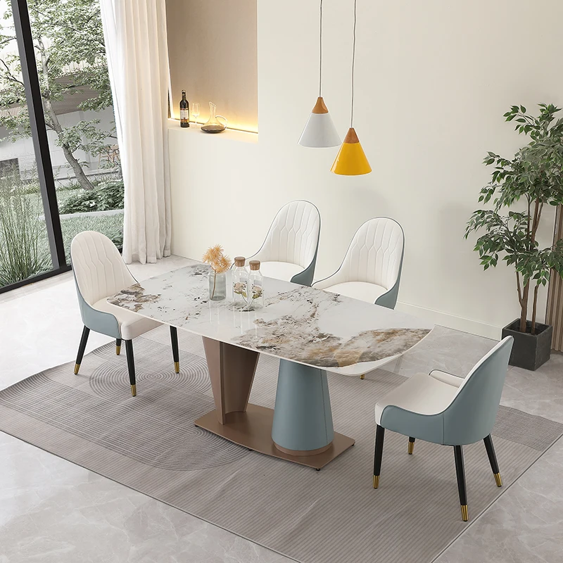 

71" Pandora color sintered stone dining table with cone shape Pedestal Base in champagne and blue entertainment Restaurant