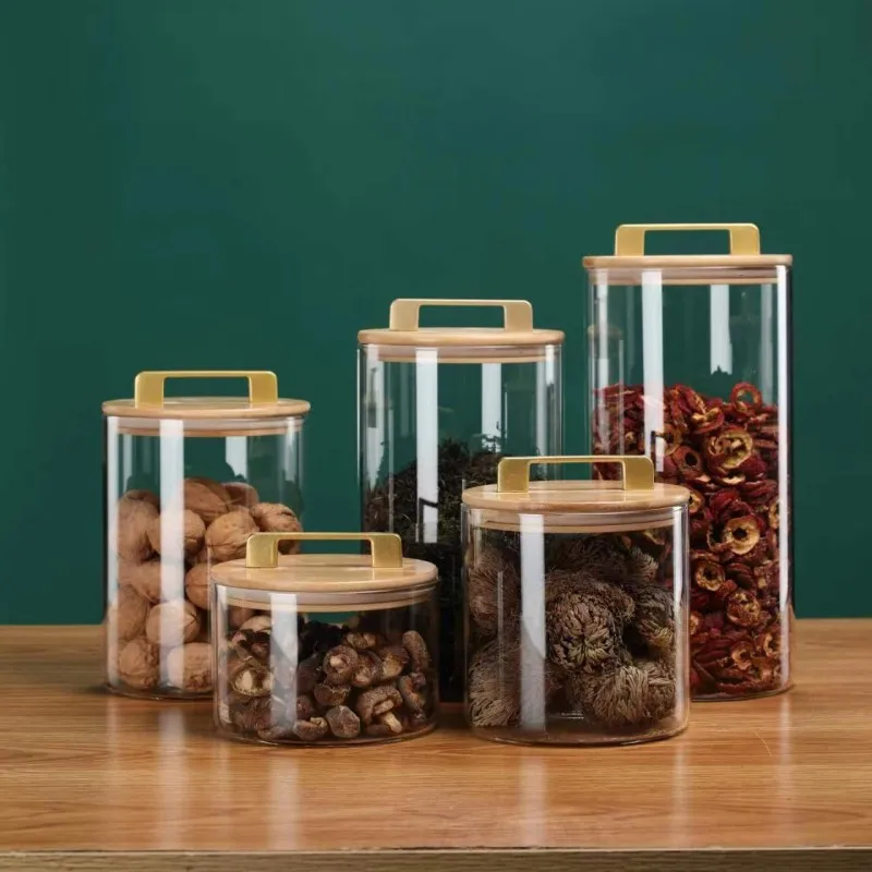 

Wood Lid Glass Airtight Canister Food Container Tea Coffee Beans Kitchen Storage Bottles Jar Sealed Grounds Candy Jars Organizer