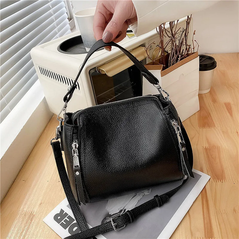 

Women's Genuine Leather Bucket Bags Simple Solid Color Zip Woman Shoulder Crossbody Bag Vintage Luxury Female Handbag and Purses