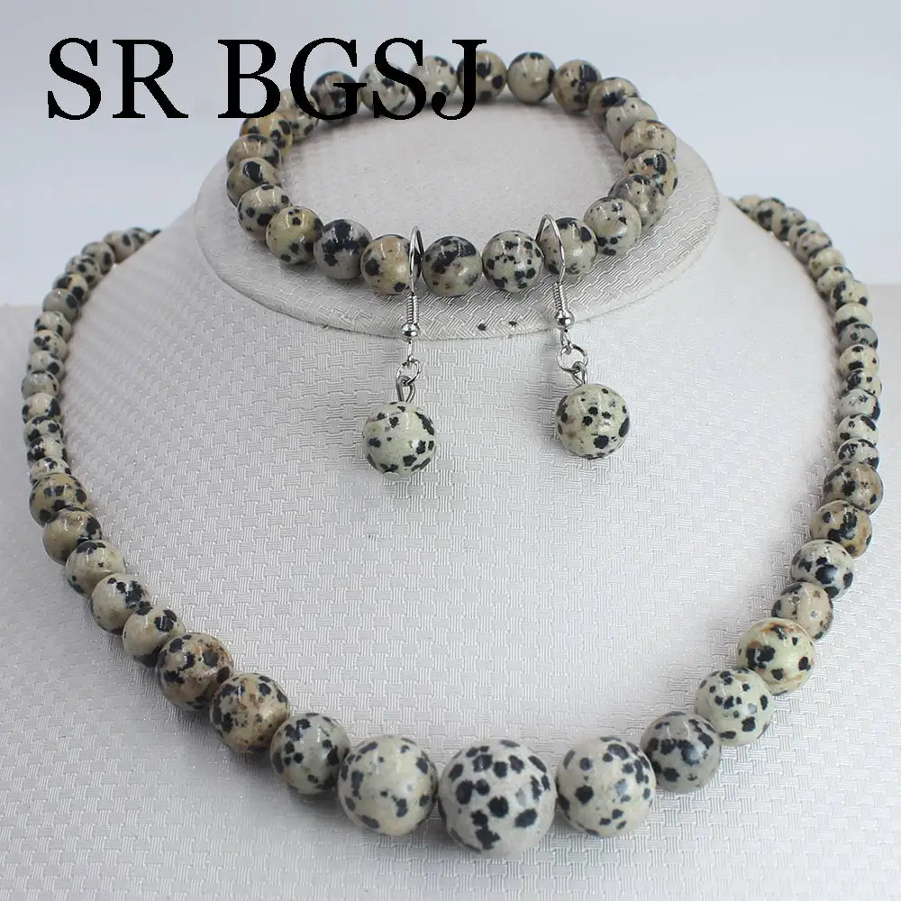 

Free Shipping Natural Dalmatian Gems Stone Women Chockers Necklace Bracelet Dangle Earring Jewelry Set 17.5" 7-8"
