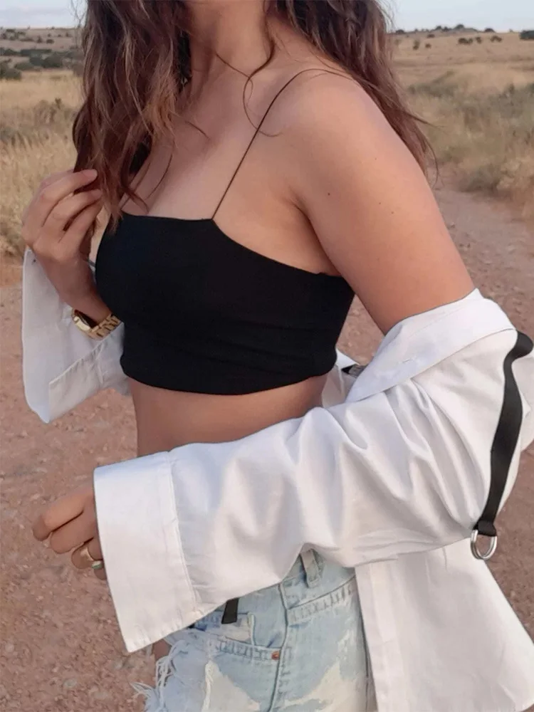 

Женский однотонный базовый укороченный топ на бретельках Y2K, летний сексуальный эластичный Топ на бретельках, майка с открытой спиной, мила...