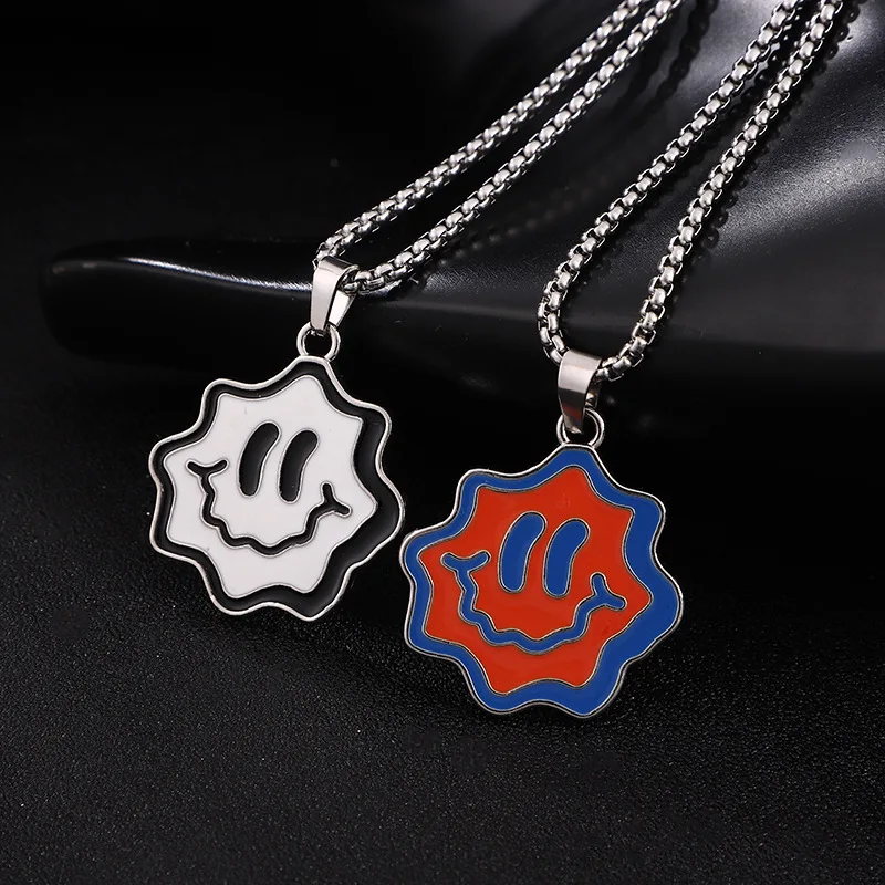 

NUOBING Cute Smile Fashion Pop Red White Smiley Stainless Steel Pendant Men Ladies Couple Necklace Gothic Streetwear Charm Gift