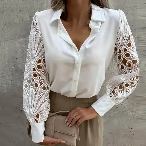 Белая рубашка ZANZEA с лацканами, элегантные Пригородные топы, 2023, модные повседневные блузы, женские летние кружевные блузки с длинным рукавом и вырезами