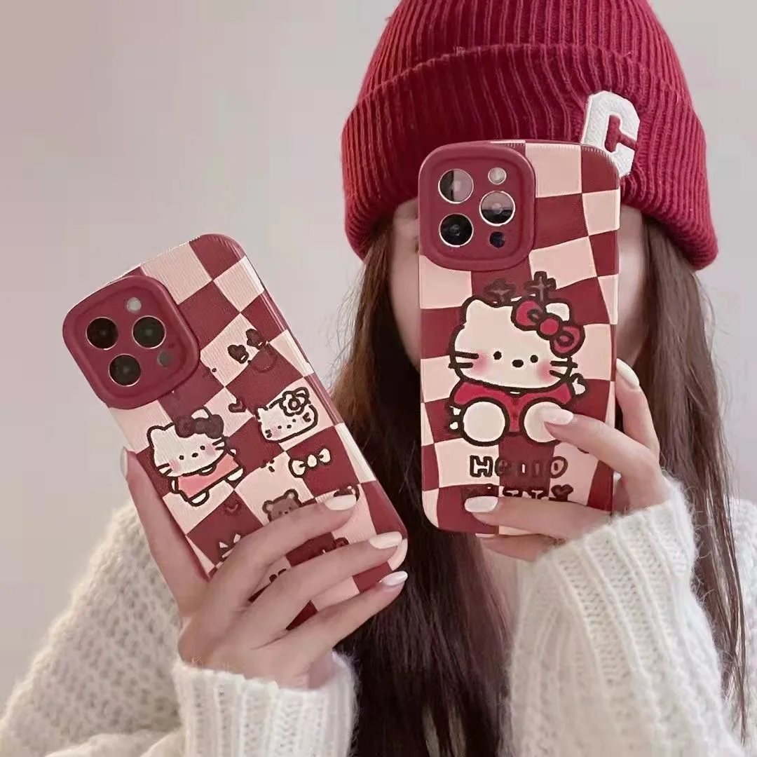 

Sanrio Hello Kitty Cute Cartoon Cases For iPhone 13 12 11 Pro Max XR XS MAX 8 X 7 2022 Stylish Plaid Anti-drop Protective Case