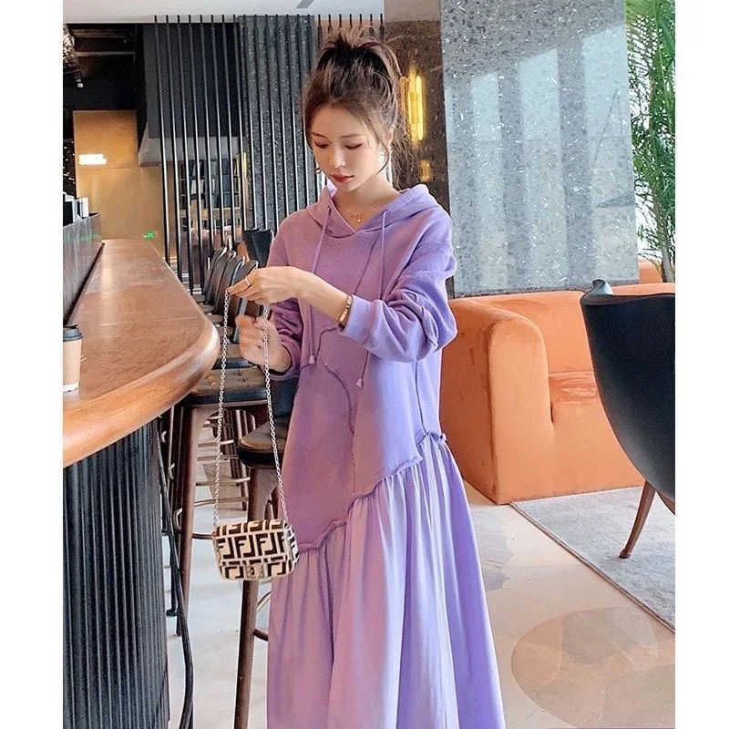 

Purple Sweater Dress Long Sleeve Early Autumn Temperament Dress Women 2022 New Women Loose Hooded Large Splicing Long Dress