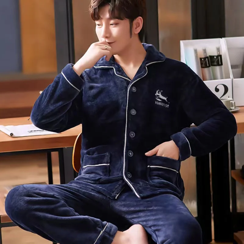 New Winter Thicken Warm Flannel Pajama Sets Men Coral Fleece Sleepwear 2pcs/Set Tops + Pants Home Clothes Male Pyjamas