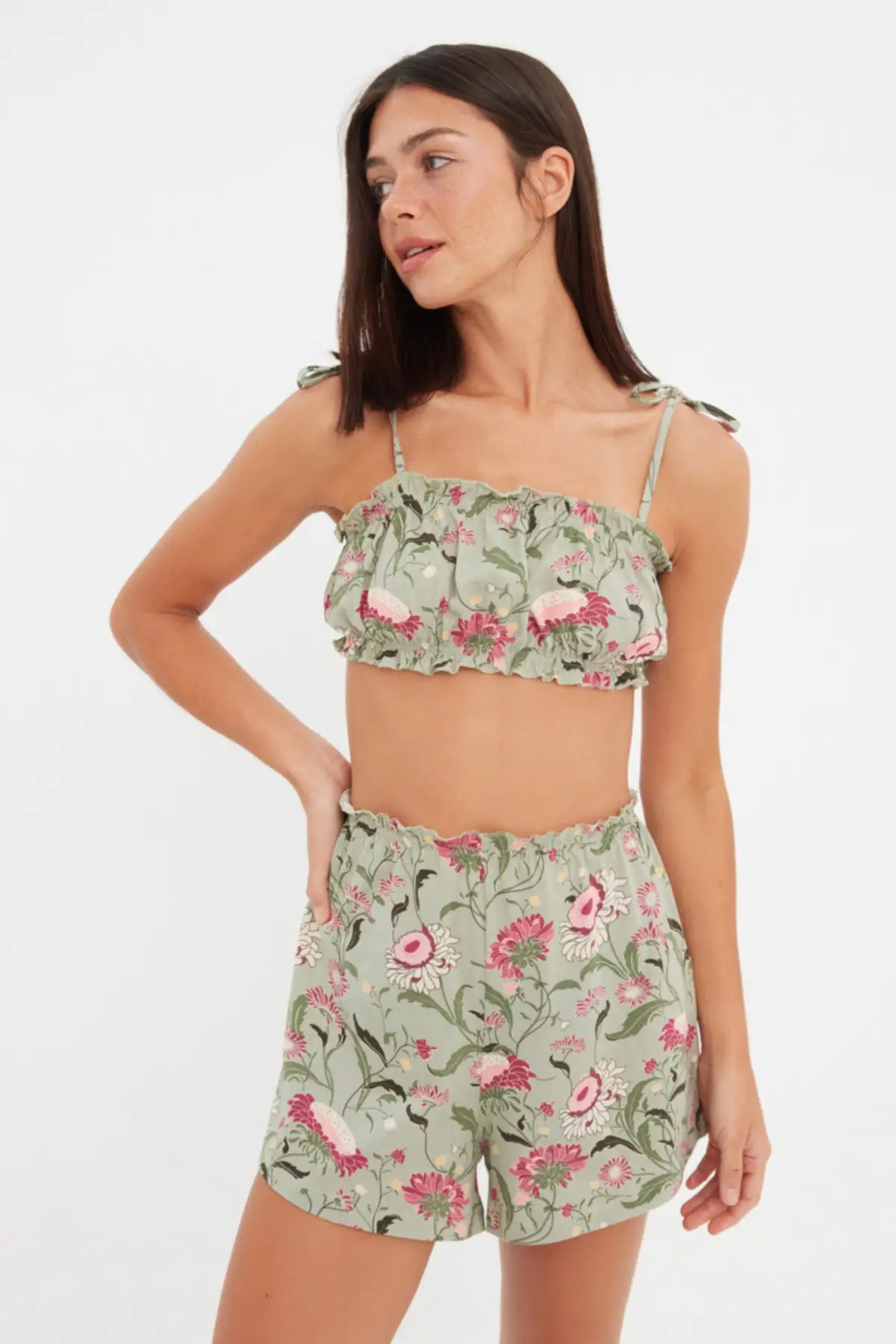 

Women's Pajamas Multicolor Floral Crop Knitted Sleep Lounge Pajamas Nightwear Nightwear Nightwear Casual Home Clothing