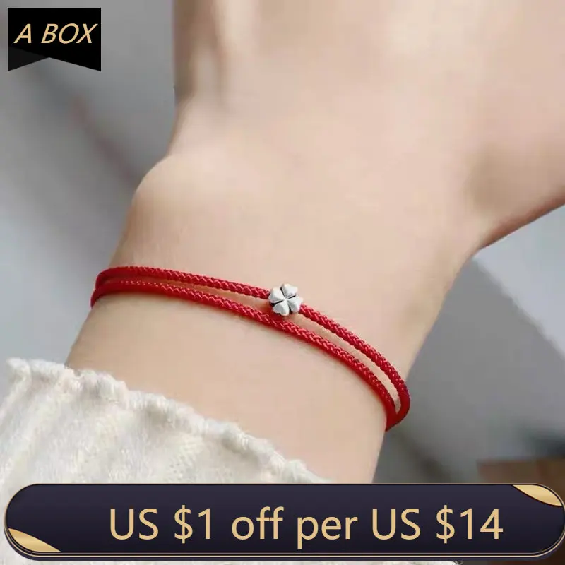 

1PC Red Rope Four-leaf Clover Red Thread String Bracelet Woven Anklet Lucky Red Handmade Rope Charm Bracelet For Women Jewelry
