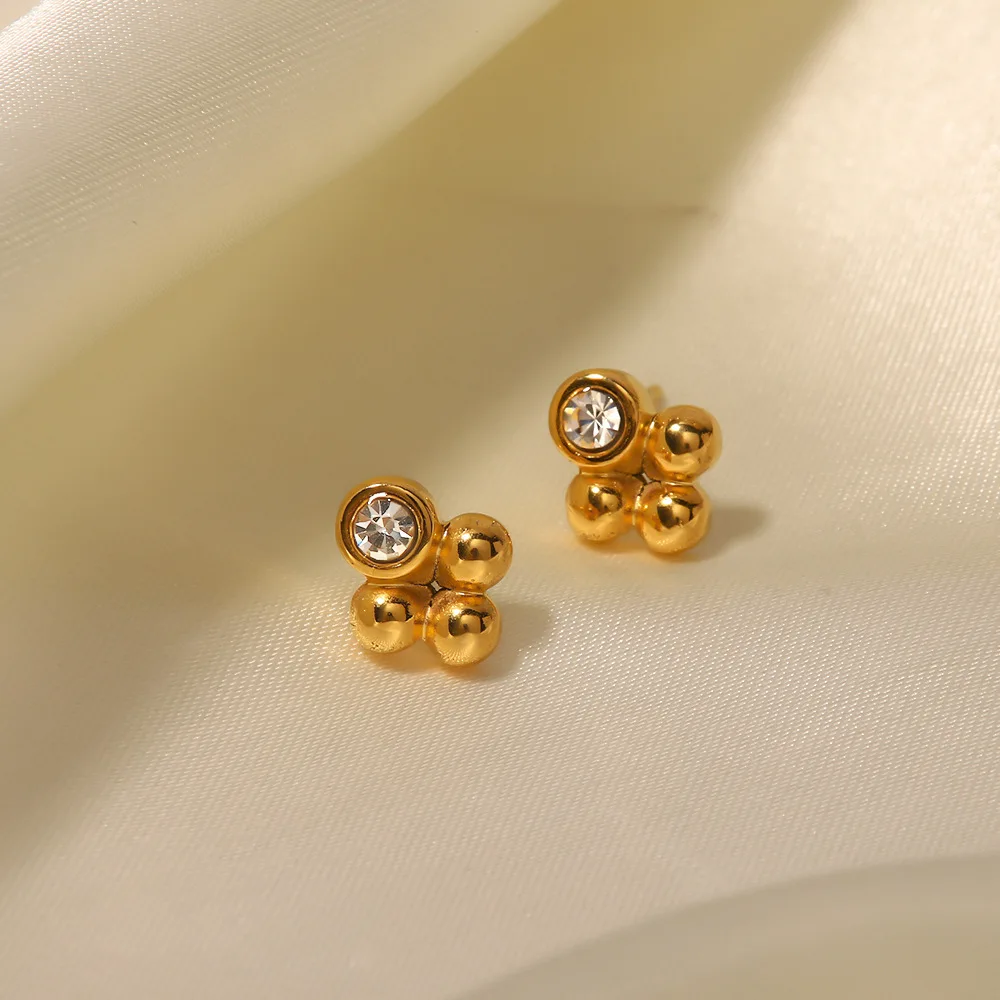 Stainless Steel PVD 18K Gold Plated Tarnish Waterproof Rinestoned Flower Stud Earrings For Woman Jewelry Wholesale Trendy