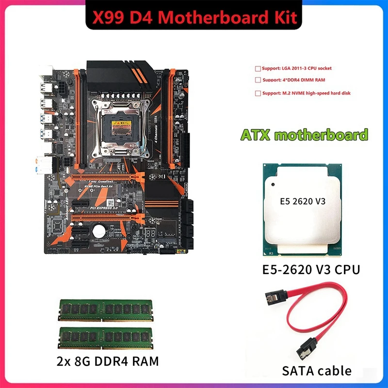 

Комплект материнской платы X99 D4 + E5-2620 V3 CPU + 2X8G DDR4 RAM + SATA кабель LGA2011-3 CPU 4XDDR4 DIMM RAM слот M.2 NVME материнская плата