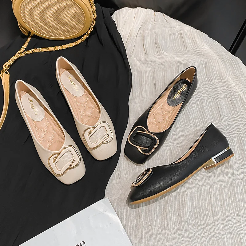 Plus Size 35-43 Women Low Heel Pumps Shoes Fashion Buckle Decoration Flats Office Lady Slip on Leaher Loafers Spring shoes Q5-2