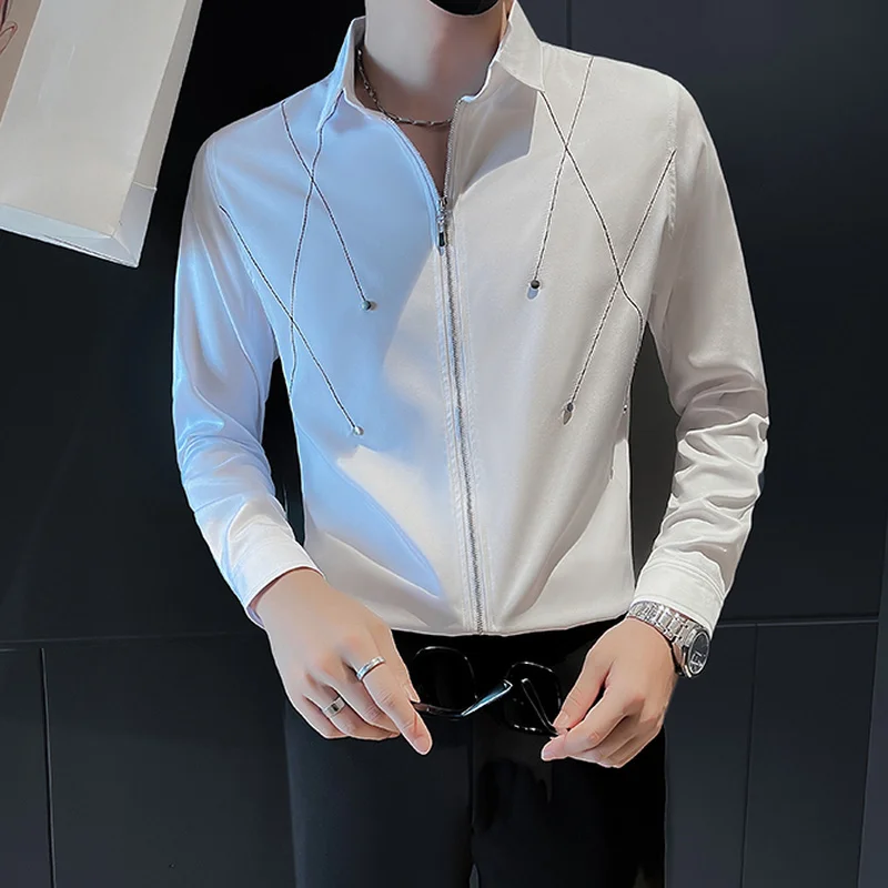 Fashion Zipper Embroidery Men's Shirts 2022 Autumn Long Sleeve Slim Casual Business Dress Shirt Social Tuxedo Camisa Masculina