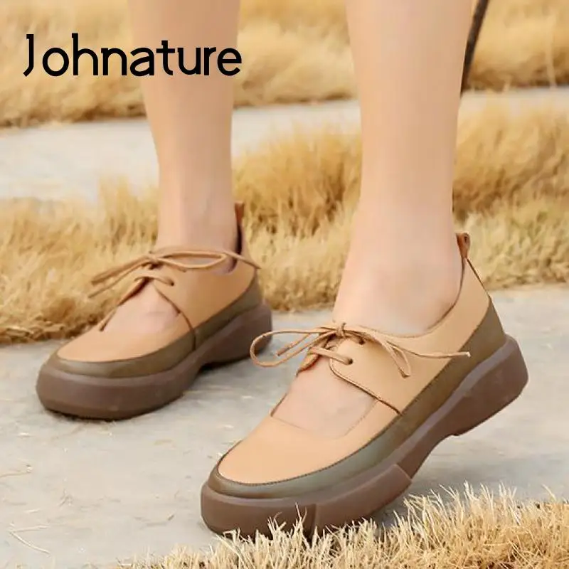 

Johnature Pumps Women Shoes 2022 New Genuine Leather Round Toe Lace-up Retro Sewing Handmade Leisure Concise Platform Shoes