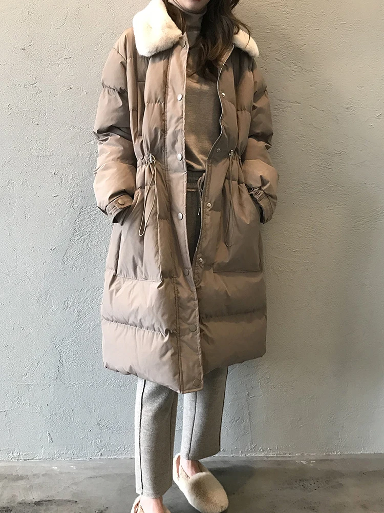 QOERLIN Imitation Rabbit Collar Winter Thicken Long Trench Winter Mid-length Waisted Keep Warm Down Coats Women Zipper Parkas