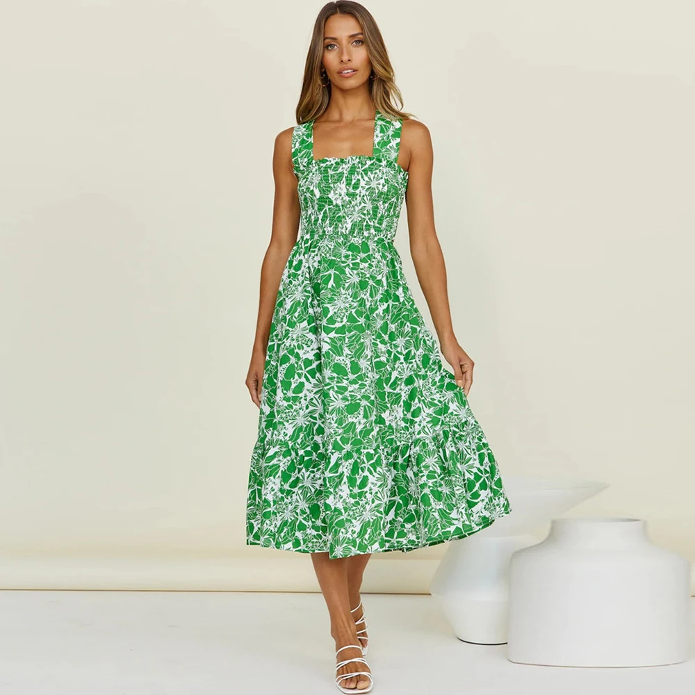 

Spring Summer Women Dress 2022 Square Collar Sleeveless Elasticity Floral Print Dress Vestidos