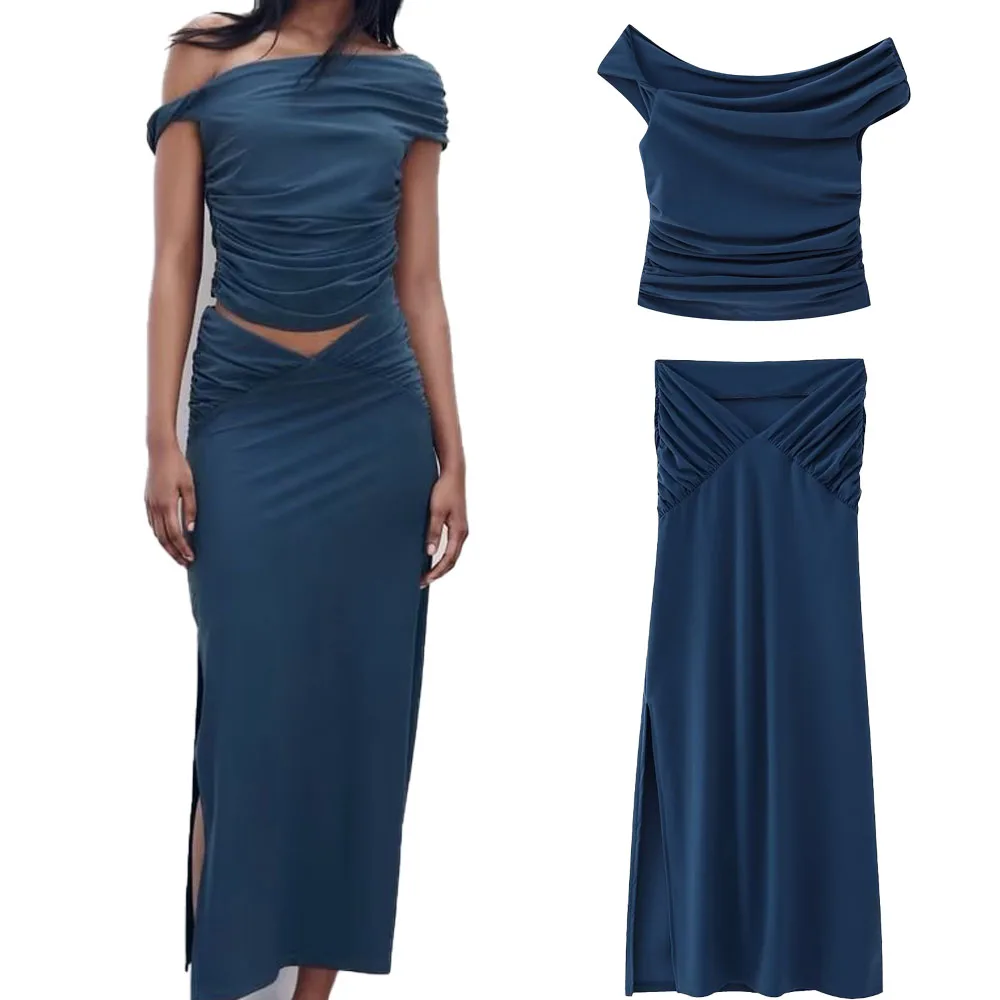 

New Fashion Ruili Women's Comfortable Pleated Decoration Asymmetric Top V-shaped Waist Design High Waist Pleated Skirt