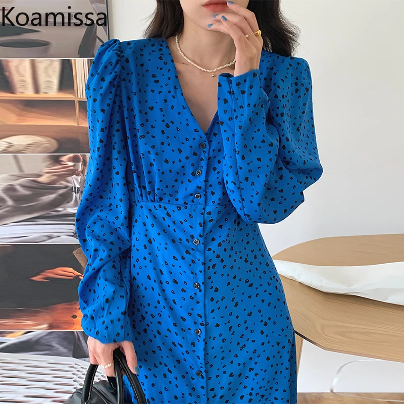 

Женское леопардовое длинное платье Koamissa, с V-образным вырезом, однобортное весеннее платье с пышными рукавами, элегантное приталенное празд...