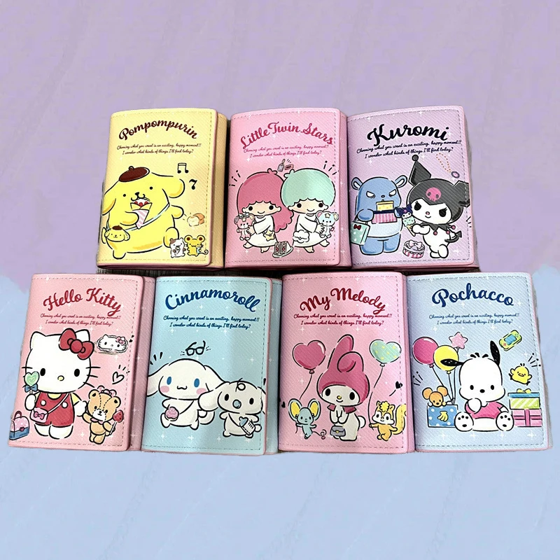 

Anime Sanrio Wallet Hello Kittys Kuromi Cute Mymelody Pompom Purin Cartoon Pattern Button Card Holder Coin Storage Bag Toy Girls