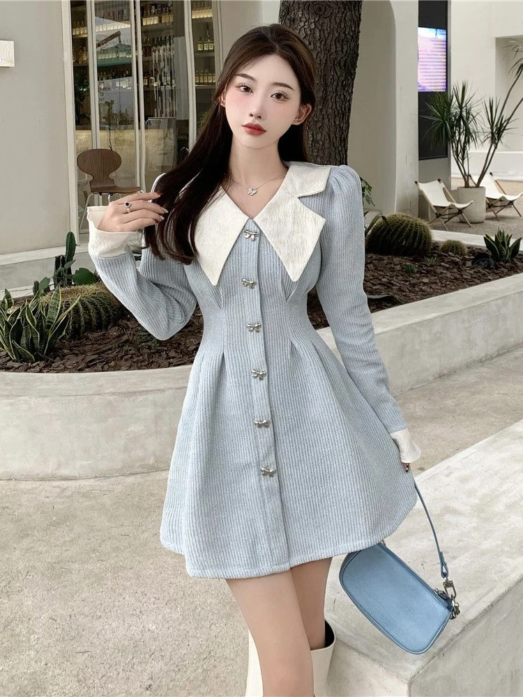 

Deeptown Korean Style Blue Mini One Piece Dress Women Japanese Y2k Harajuku Long Flare Sleeve Corset Princess Dresses Autumn