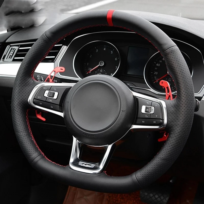 

Чехол рулевого колеса автомобиля черная оплетка из натуральной кожи для Volkswagen VW Golf 7 GTI Scirocco Polo GTI Up GTI Tiguan R-Line