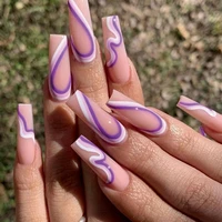 24pcs false nails double spelling white and purple wavy lines wave fake nail tips full cover acrylic for girls fingernails