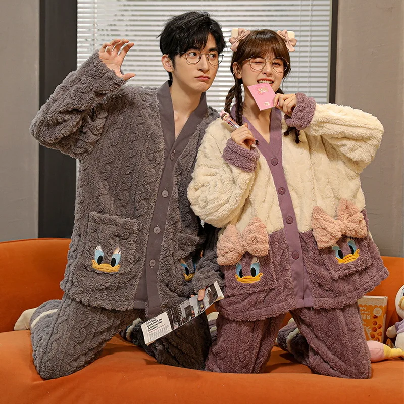 Autumn Winter New Warm Flannel Women's Pajamas Set Long-sleeved Trousers Two-piece Set Cute Soft Home Wear Clothes for Women