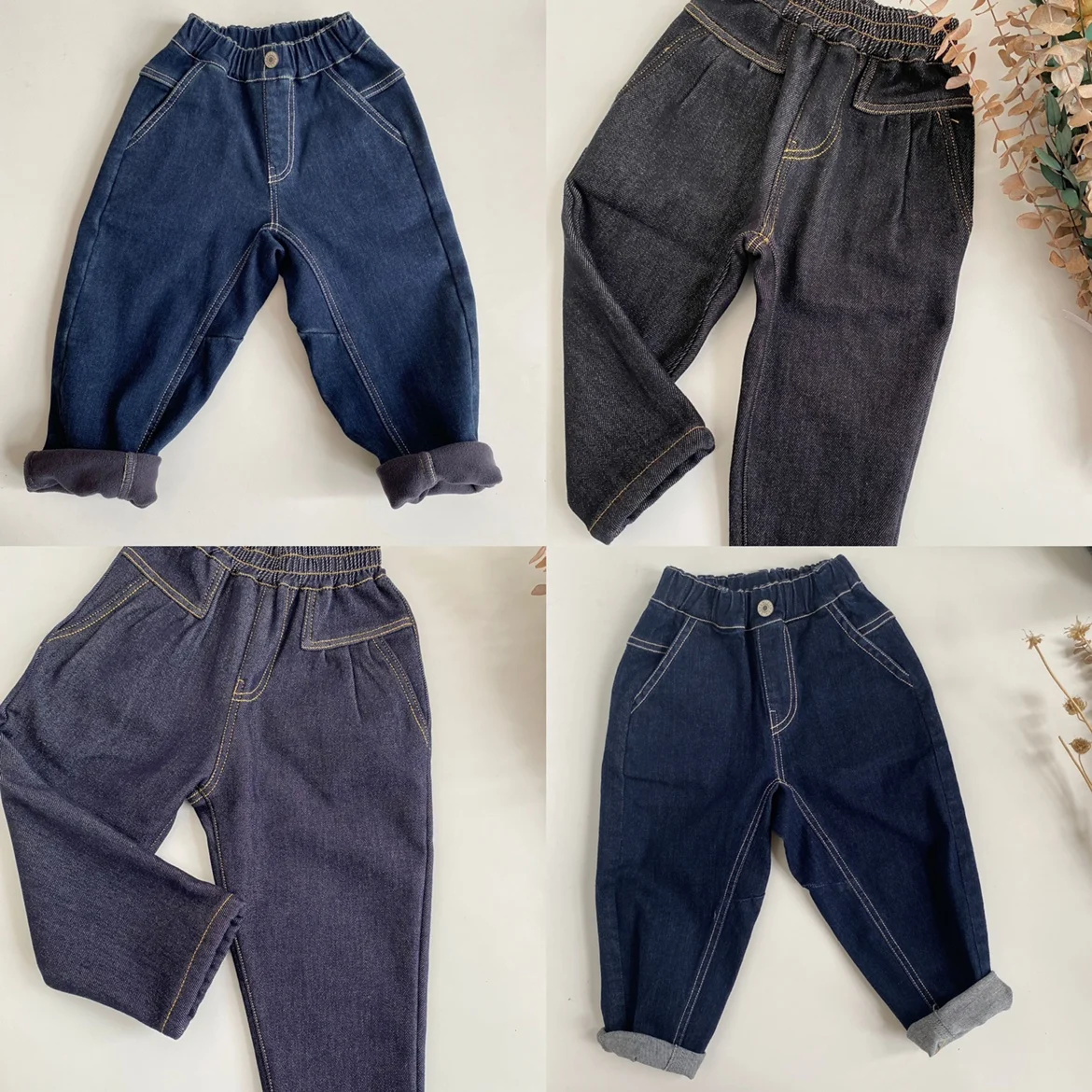 

Jenny&Dave 2023 Autumn and Winter New Versatile Japanese Boys and Girls Unisex Open Line Garden Plush Thickened Jeans Children