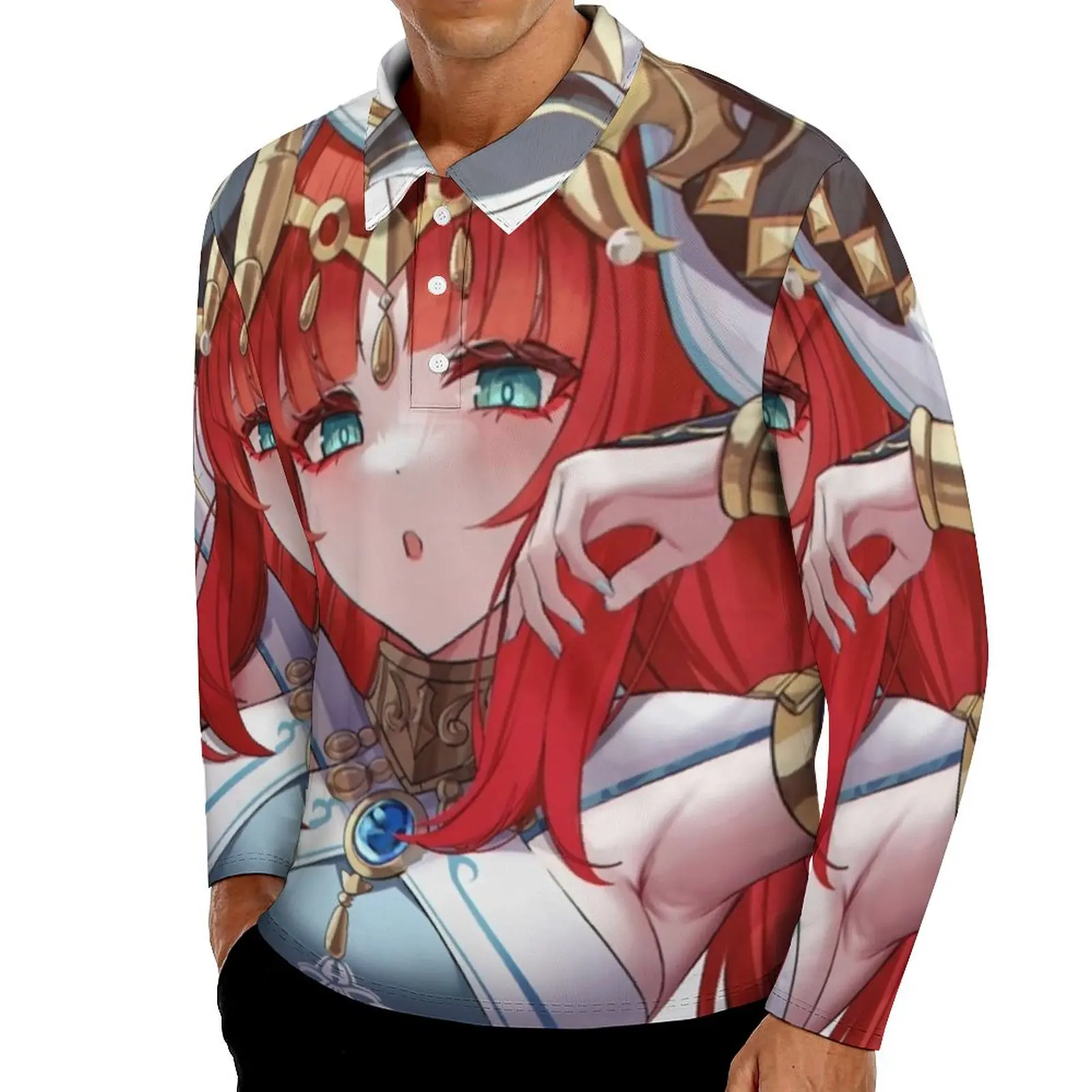 

Рубашка-поло с принтом Nilou Genshin, Весенняя Повседневная рубашка с японским мультяшным рисунком, Забавные футболки оверсайз с длинным рукавом ...