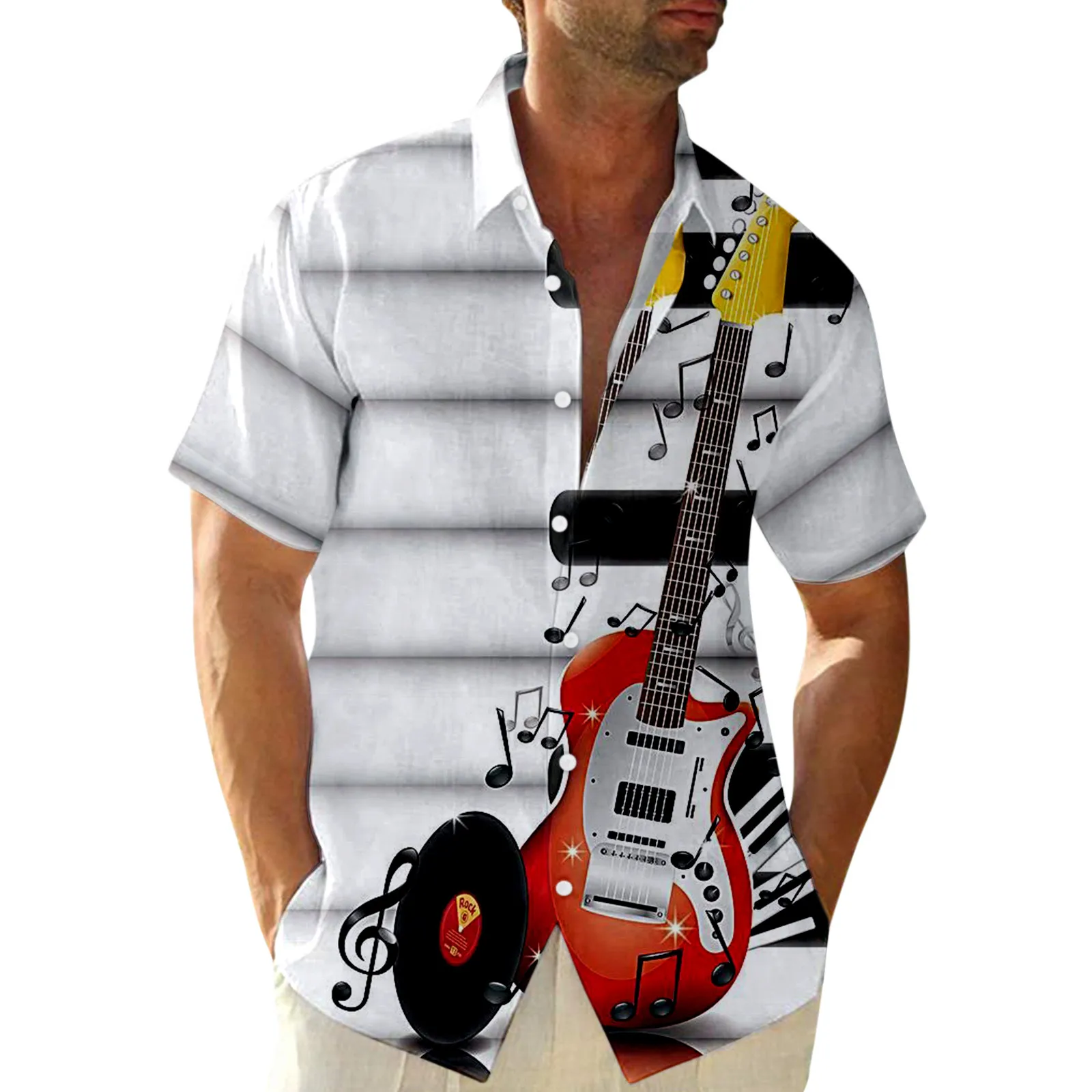 

Guitar Music Note Shirt Mens Short Sleeve Button Shirts Summer Clothing Streetwear Slim Fit Shirts Turn Down Collar Shirts Tops