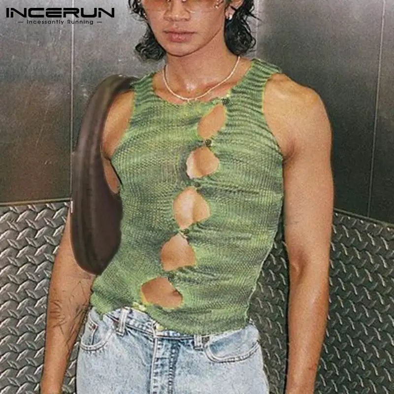 

2022 Men Tank Tops Printed O-neck Sleeveless Streetwear Hollow Out Sexy Skinny Vests Button Summer Fashion Casual Tops INCERUN